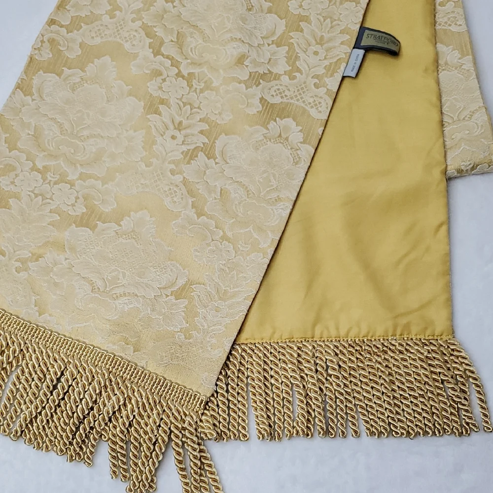 Elegant Stratford Gold Brocade Table Runner With Fringe